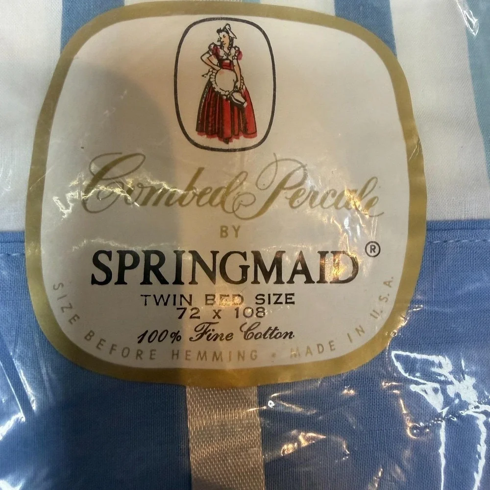 Vtg 70s Springmaid Combed Percale Cotton Twin Bed Sheet Stripe Blue White NOS